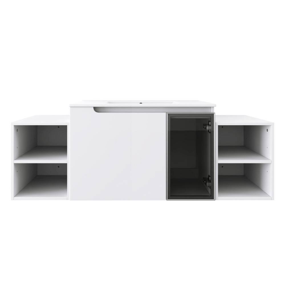 54 in. Wall-Mounted Glossy White Bath Vanity with White Ceramic Top and 2 Small Storage Shelves Unassembled price history on PriceWatchPro