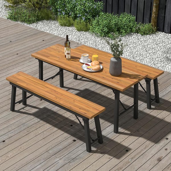 ANGELES HOME Folding Metal Outdoor Dining Table with Acacia Wood
