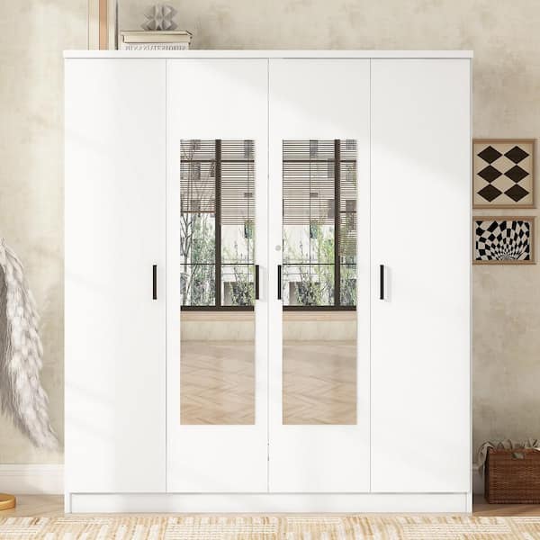 Nestfair White Wood 59.2 in. 4-Door Wardrobe with Shelves Drawer
