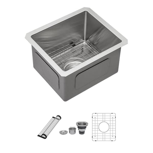 13 in. Drop-in Single Bowl 16 Gauge Brushed Nickel Stainless Steel Kitchen Sink and Bottom Grids