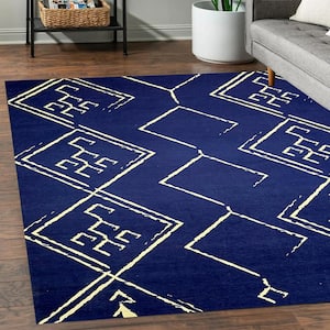 Aspen Navy Creme 5 ft. 4 in. x 8 ft. Machine Washable Tribal Moroccan Bohemian Polyester Non-Slip Backing Area Rug