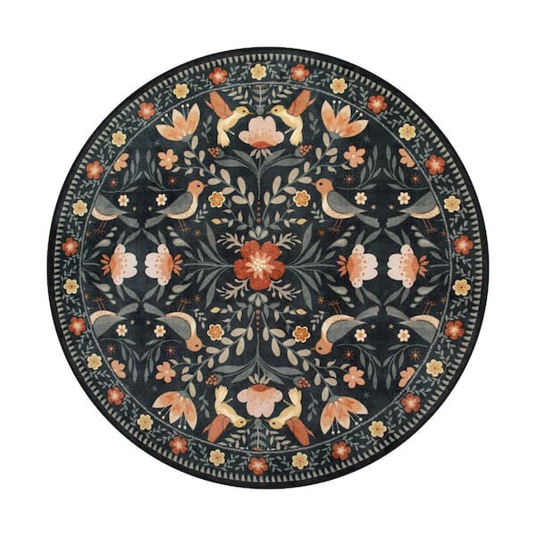 Goldene Boho 6 ft. x 6 ft. Black Botanical Floral Washable Round Rug