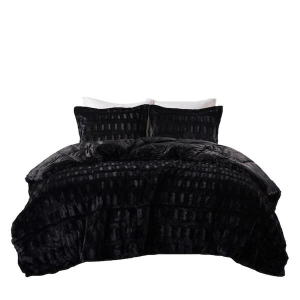 3-Piece King/Cal King Black Soft Stylish Brushed Long Faux Fur