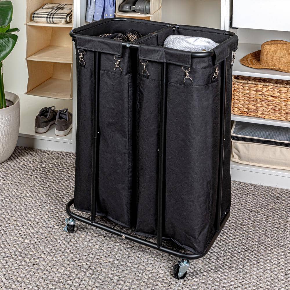 Black Metal 2-Bag Rolling Laundry Sorter with Wheels