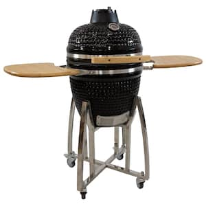 18 in. Ceramic Kamado Egg Charcoal Grill and Smoker in Black with Side Tables