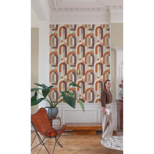 Red Geometric Arch 57 sq. ft. Non-Woven Textured Non-Pasted Double Roll Wallpaper