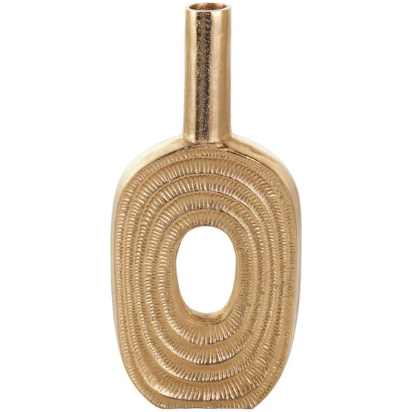 Litton Lane 16 in. Gold Circular Aluminum Metal Geometric Decorative Vase with Linear Etchings