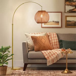 77 in. 1-Light Antique Gold Arc Floor Lamp with Hand-woven Bamboo Shade