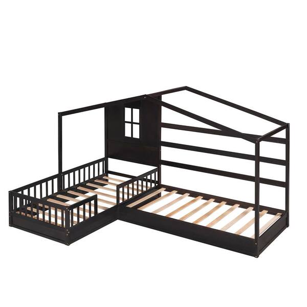 ANBAZAR Espresso Twin Kids Platform Bed with House Roof Twin Wood 