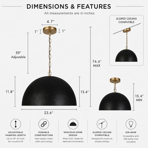 Zevni 23.6 in. 1-Light Modern Black and Gold Dome Pendant Light