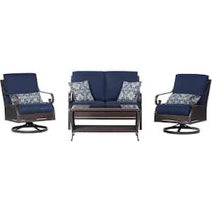 Madrid 4-Piece Wicker Patio Conversation Set w/ Navy Cushions, 2 Swivel Chairs, Loveseat, Coffee Table, All-Weather