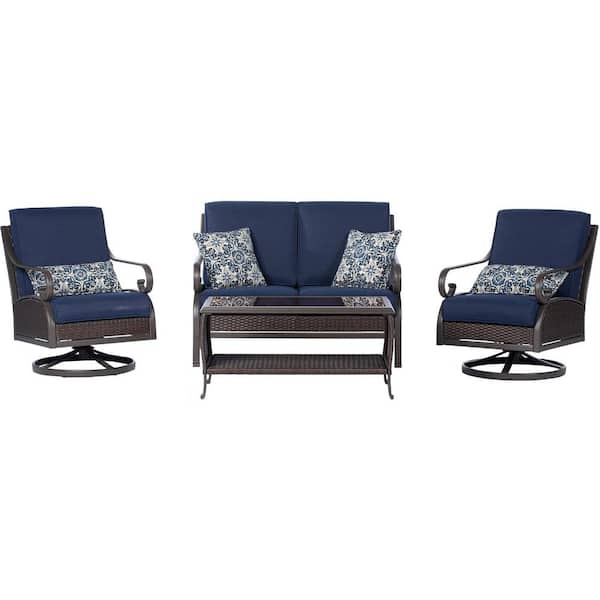 Hanover Madrid 4-Piece Wicker Patio Conversation Set with Navy Cushions, 2 Swivel Chairs, Loveseat, Coffee Table, All-Weather