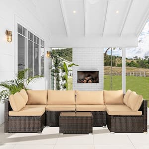 7-Piece Black Wicker Outdoor Furniture Set Sectional Sofa Couch with Washable Brown Cushions for Garden Porch Balcony