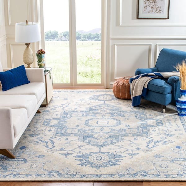 Micro-Loop Ivory/Blue 9 ft. x 9 ft. Floral Medallion Square Area Rug