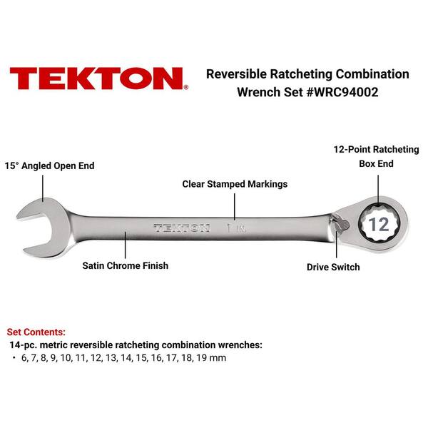 14-Piece (6-19 mm) Reversible 12-Point Ratcheting Combination Wrench Set
