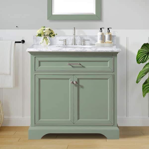 Home Decorators Collection Windlowe 37 in. W x 22 in. D x 35 in. H Bath Vanity in Green with Carrara Marble Vanity Top in White with White Sink