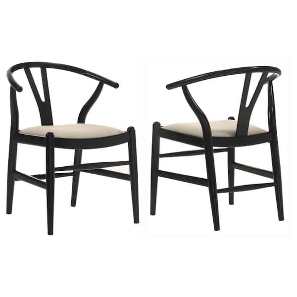 Benjara Ellie Wishbone Black and Beige Fabric Wishbone Dining Chair (Set of 2)