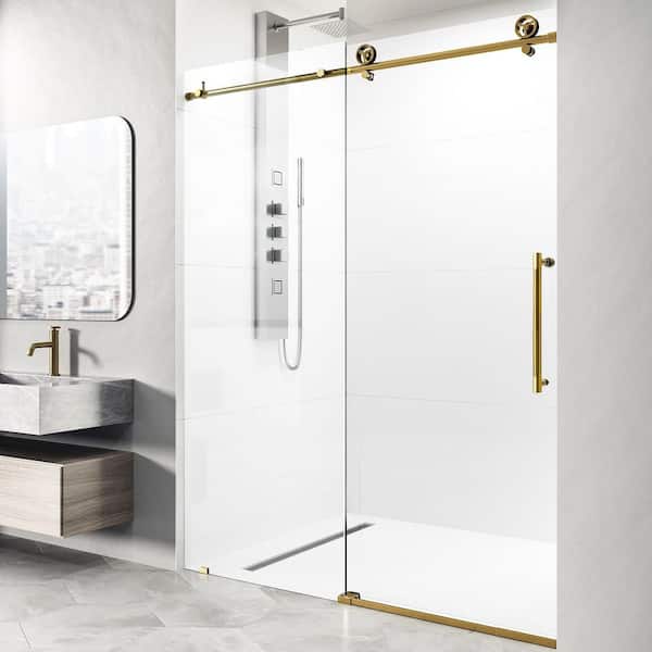 VIGO Elan Cass Aerodynamic 48 to 52 in. W x 76 in. H Sliding Frameless Shower Door in Matte Gold with 3/8 Clear Glass