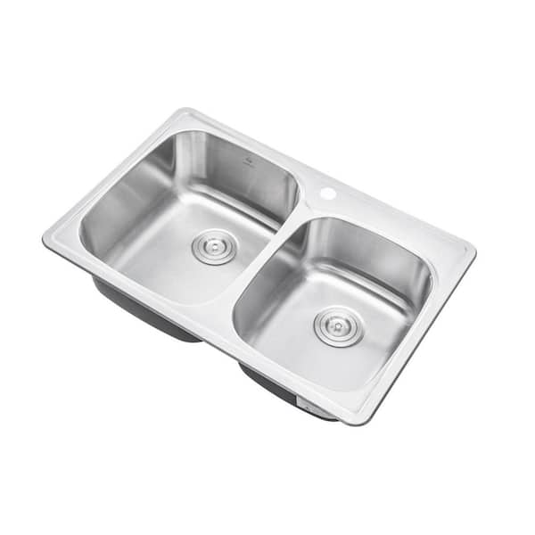 Topmount Drop-In 18G Stainless Steel 33-1/8 in. 1-Faucet Hole 60/40 Double Bowl Kitchen Sink with Colander and Strainer