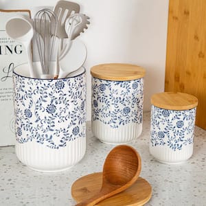 3-Piece Canisters Sets for Kitchen, Ceramic Kitchen Containers for Countertop with Airtight Wood Lids