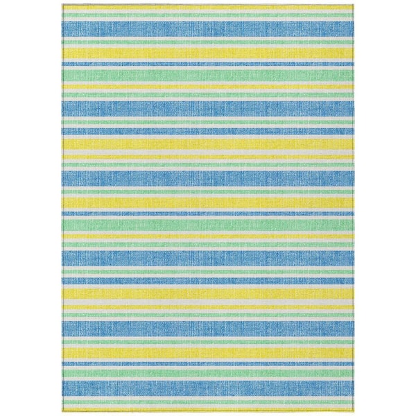 Blue, Yellow, Green 9 ft. x 12 ft. Woven Striped Polyester Rectangle Indoor / Outdoor Area Rug