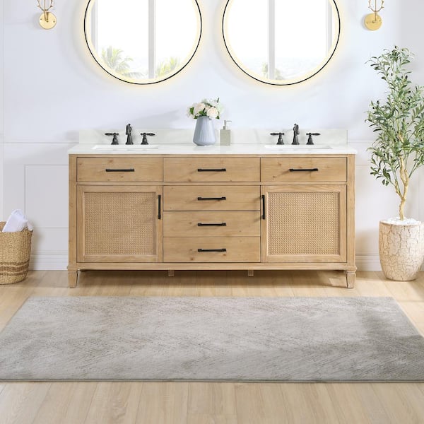 Altair Solana 72 in. W x 22 in. D x 34 in. H Double Sink Bath Vanity in Weathered Fir with Calacatta White Quartz Top