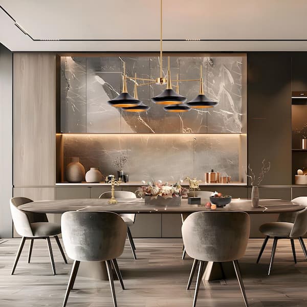 Modern Matte Black Island Chandelier with Bell Metal Shades for Kitchen 5-Light Plating Brass Dining Hanging Pendant