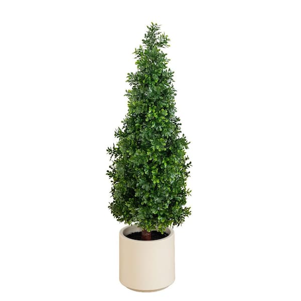 33 in. UV Resistant Artificial Boxwood Topiary Cone Tree in Decorative White Planter (Indoor/Outdoor)