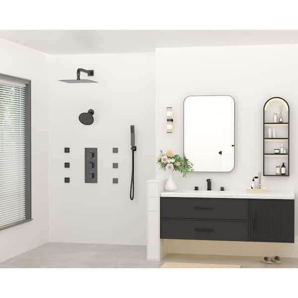 Thermostatic Triple Handles 8-Spray Dual Shower Head Shower Faucet with 6-Jets in Matte Black (Valve Included)