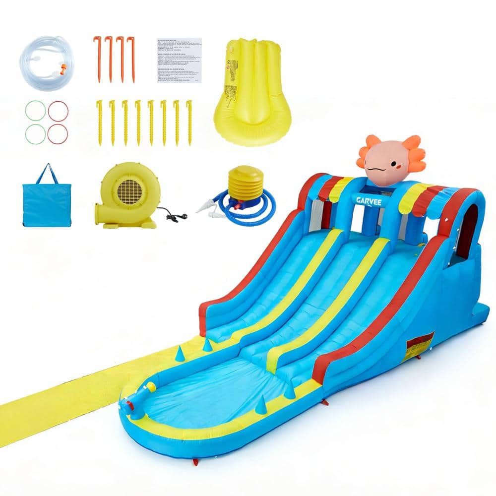 27ft XXL Inflatable Water Slide Bounce House–8-in-1 Dual Slides, Climbing Wall,Water Cannons,Pool,Ring Toss,610W Blower