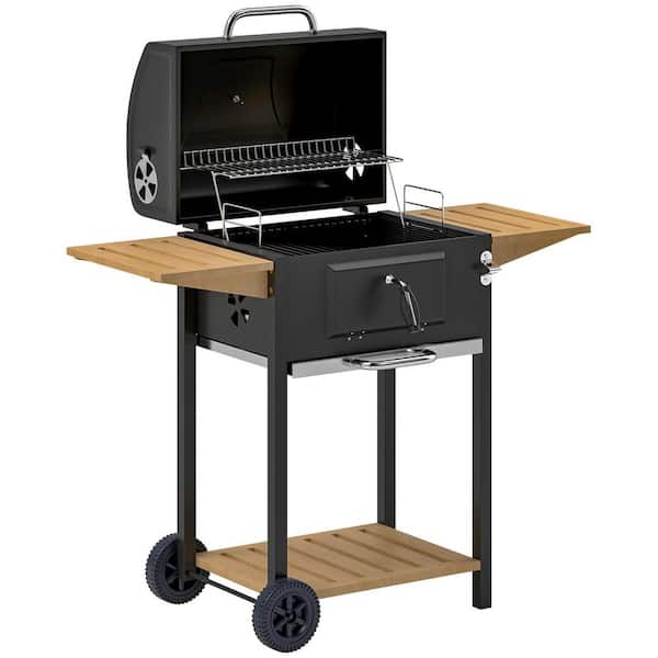 Charcoal Grill in Black with Adjustable Charcoal Pan, 3 Shelves, Thermometer, Wheels for Patio Backyard Party Picnic