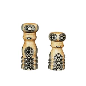 Natural & Black Wood Salt and Pepper Mills with Inlaid Circles Design