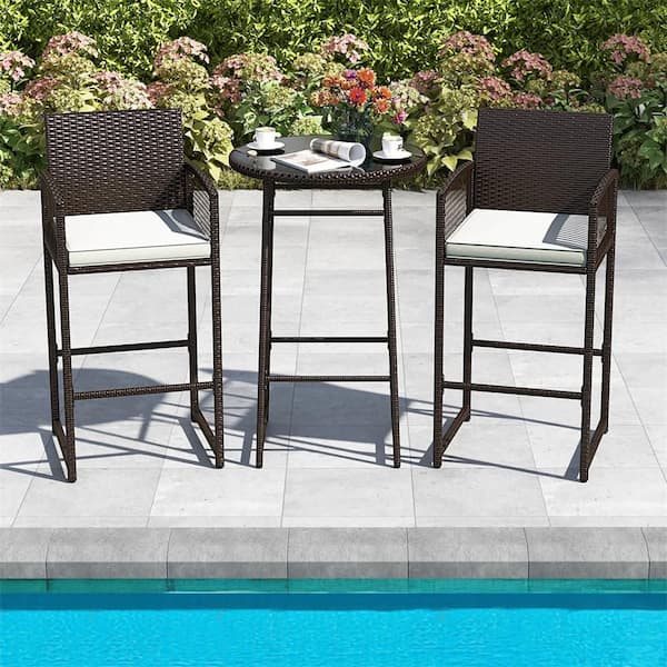 3 Piece Wicker Patio Outdoor Serving Bar Set with 2 Off White Seat Cushions Glass Tabletop for Backyard