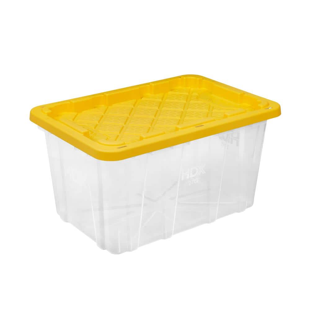 HDX 27 Gal. Tough Storage Tote in Clear with Yellow Lid 999 27G C HDX The Home Depot