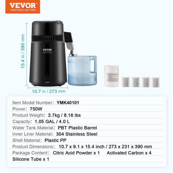 VEVOR Water Distiller 4L 1.05 Gallon Pure Water Purifier Filter Home  Countertop 750W Distilled Water Maker Stainless Steel BXGZLSJXB4LDCQHM3V1