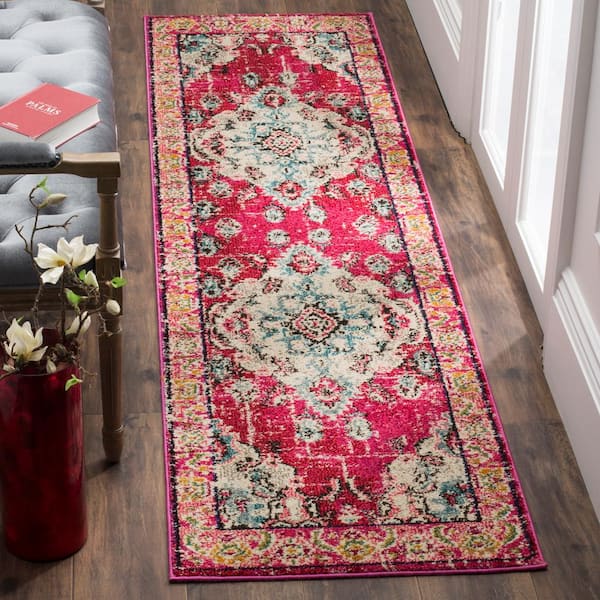 Monaco Pink/Multi 2 ft. x 18 ft. Distressed Border Medallion Runner Rug