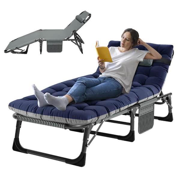 BOZTIY Adjustable 4-Position Adults Reclining Folding Chaise with Pillow, Folding Camping Cot Lounge Chair Sleeping Cots Bed