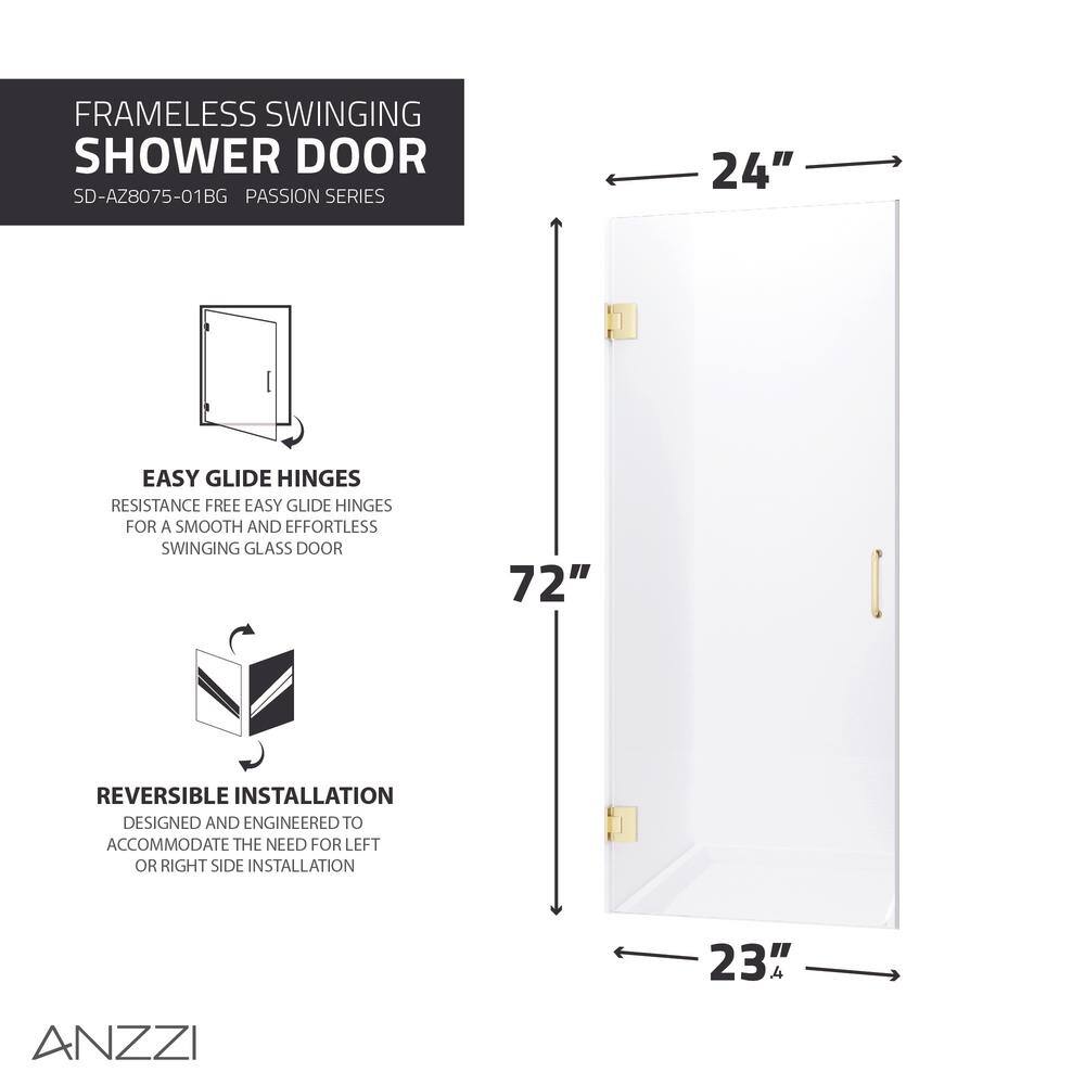 72" H x 24" W Frameless Shower Door with Brushed Gold Hardware