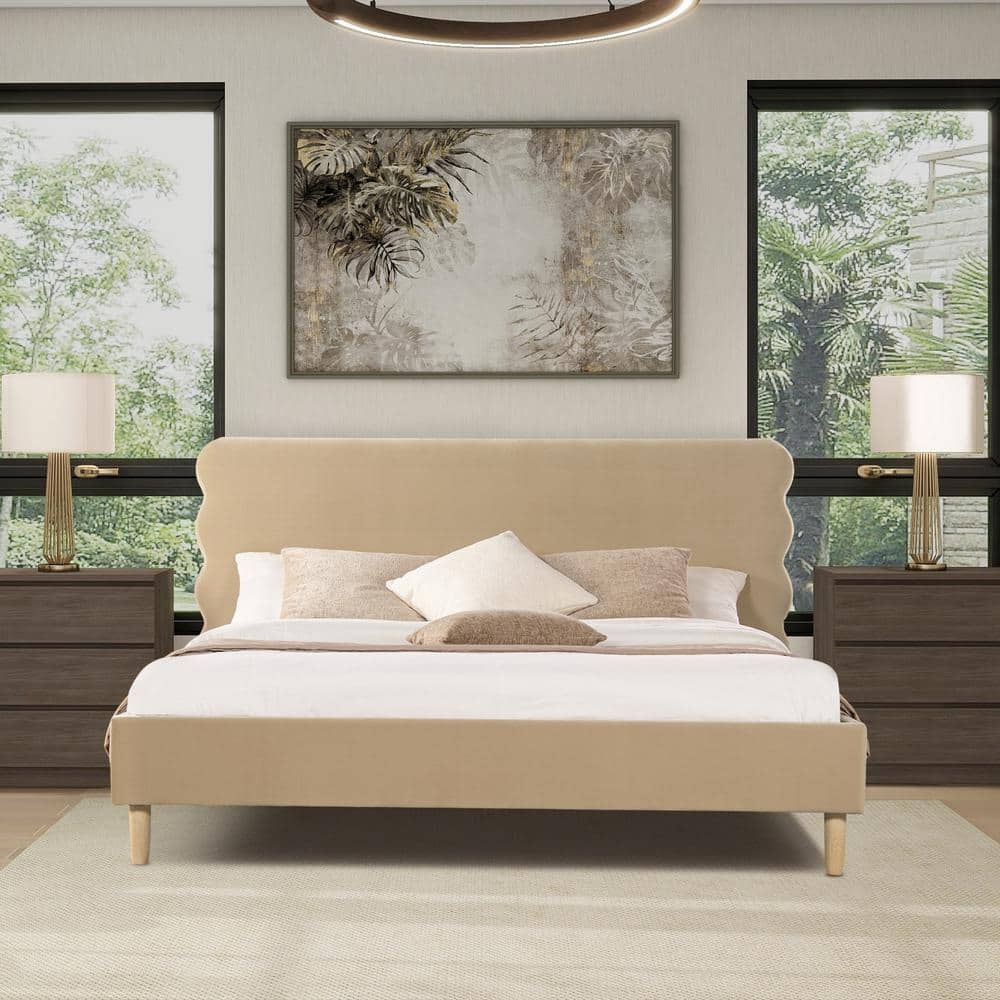 King Fawn Brown Velvet Upholstered Platform Bed with Wavy Headboard
