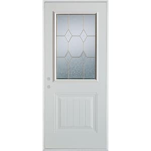 32 in. x 80 in. Geometric Brass 1/2 Lite 1-Panel Painted White Right-Hand Inswing Steel Prehung Front Door