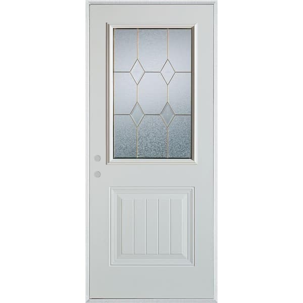 Stanley Doors 36 in. x 80 in. Geometric Brass 1/2 Lite 1-Panel Painted White Right-Hand Inswing Steel Prehung Front Door
