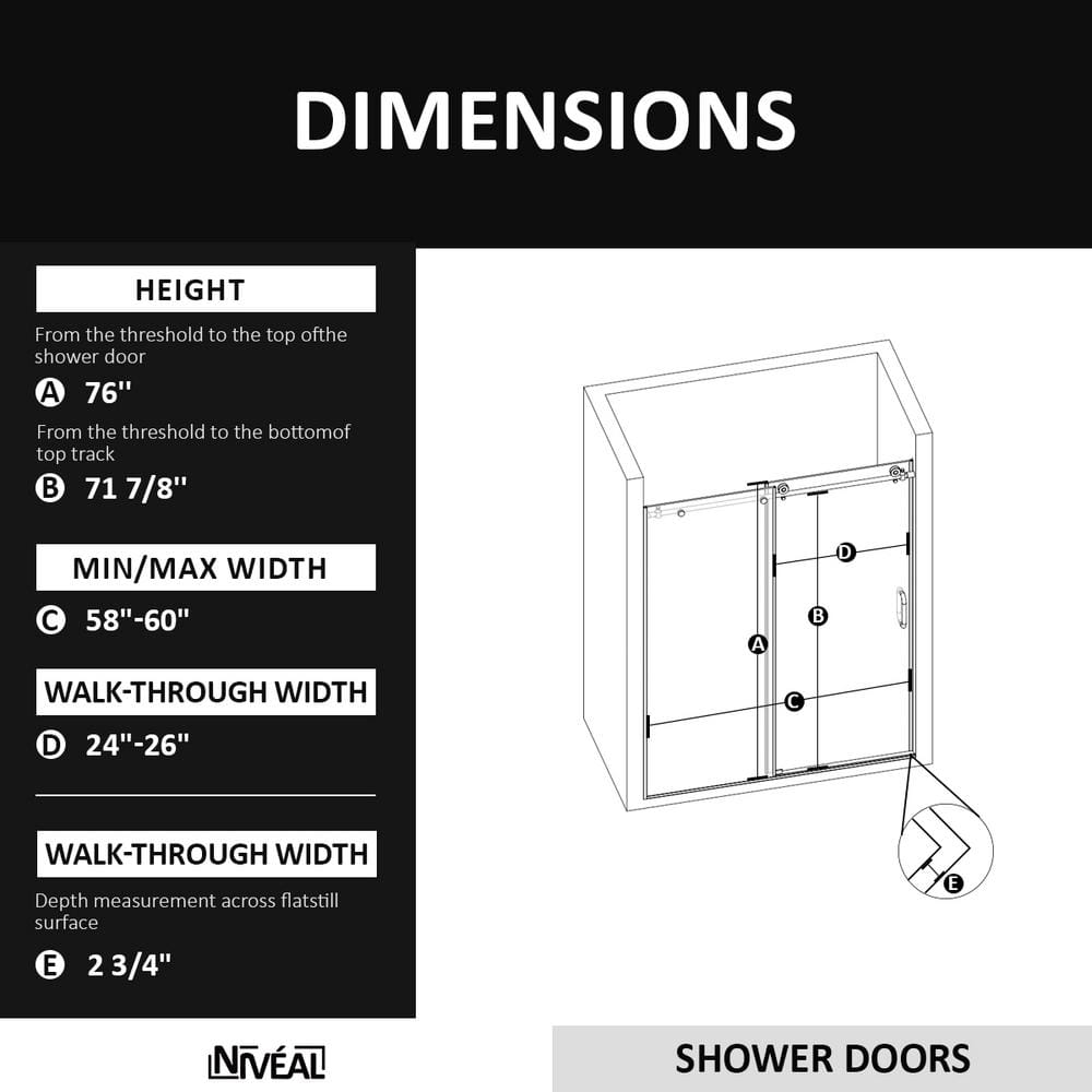 60'' Silver Semi-Frameless Sliding Shower Door with Clear Tempered Glass