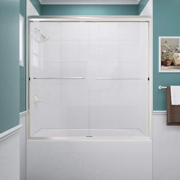 Ridge 56 in. W x 60 in. H Sliding Semi-Frameless Tub Door in Brushed Nickel Finish with Clear Glass