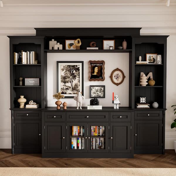 Black TV Stand, TV Console Table, Entertainment Center Fits TV's up to 60 in. with 13 Shelves and 5 Drawers