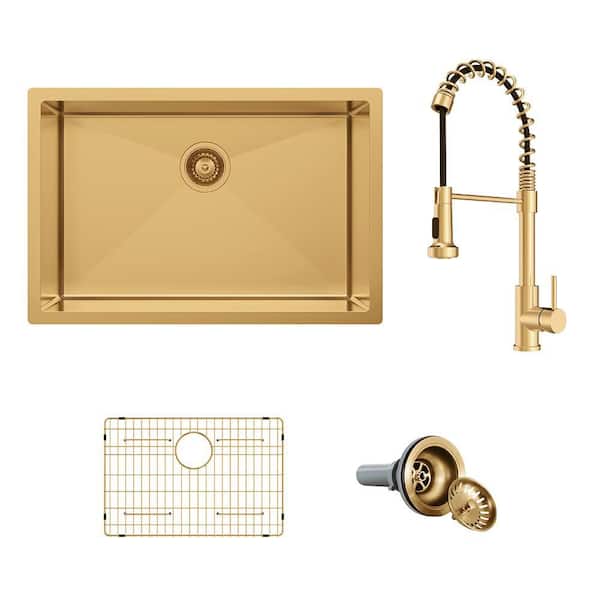 30 in. Undermount Single Bowl 18 Gauge Gold Stainless Steel Kitchen Sink with Spring Neck Faucet and Accessories