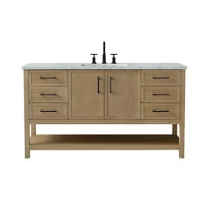 Oliver 60 in. W Bath Vanity in Light Oak with Engineered Stone Top in Arabescato with White Sink