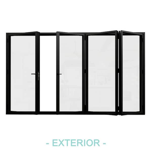 120 in. x 80 in. Right Swing/Outswing Double Tempered Glass Black Aluminum Folding Patio Door (3-folding plus 1-swing)