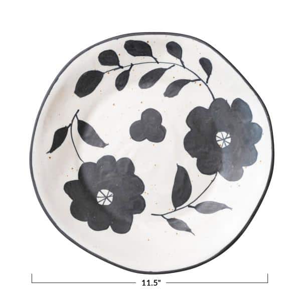 Hand-Painted Black and White Ceramic Floral Appetizer Plate
