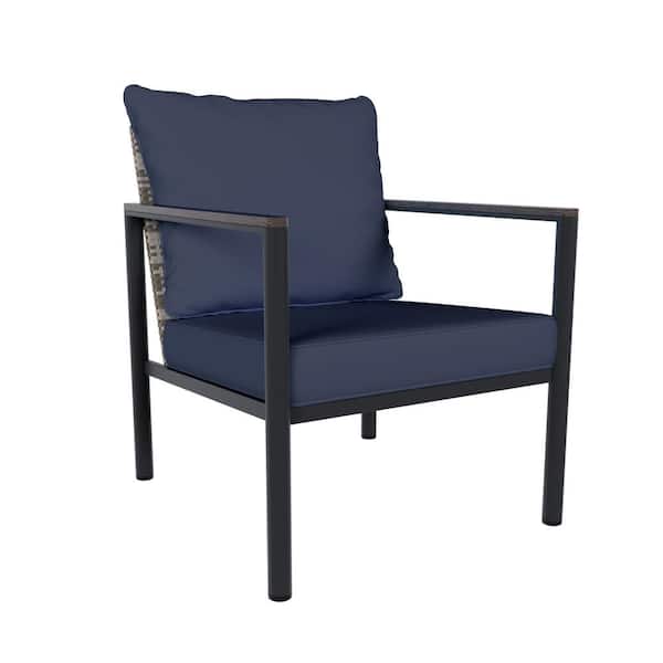 INMITOM Modern Wicker Outdoor Patio Lounge Chair with Comfortable Blue Cushions