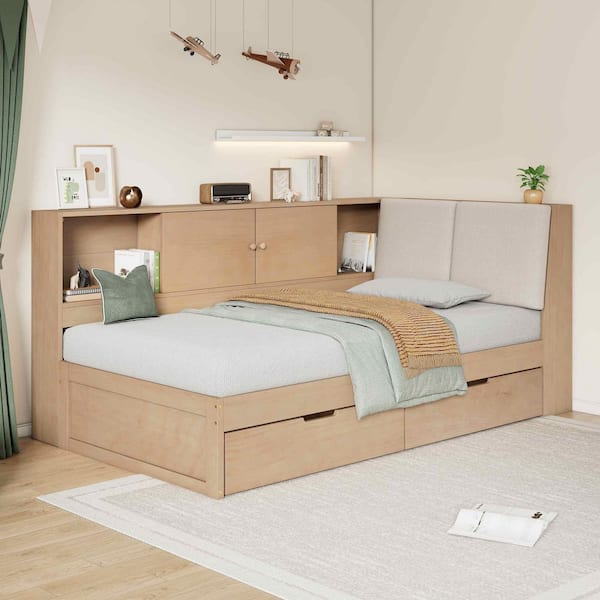 Polibi Natural Full Size Daybed with Storage Bookcase and Upholstered Headboard and USB Charging Ports